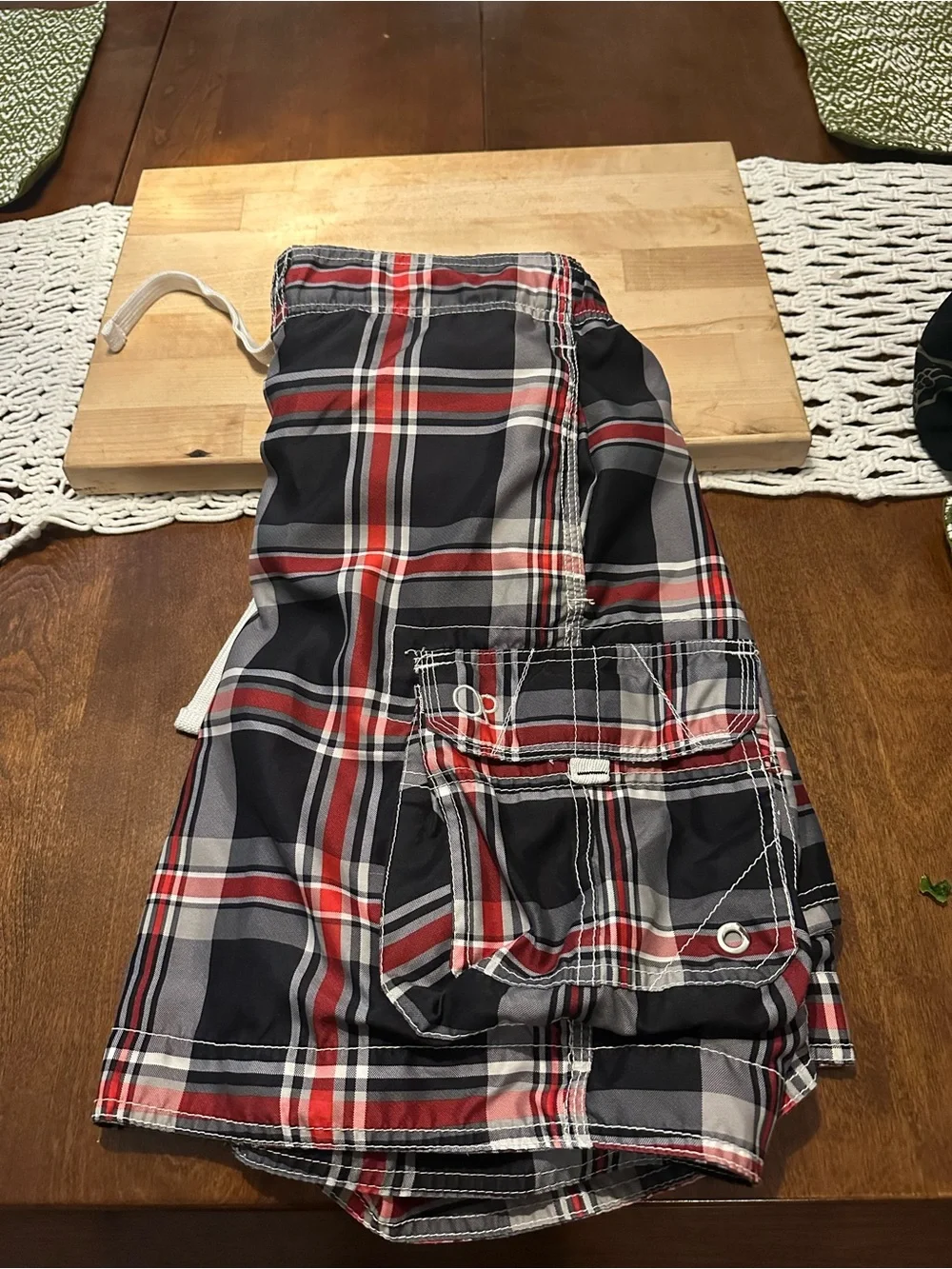 OP Plaid Swim Shorts in Black, Red & Gray
